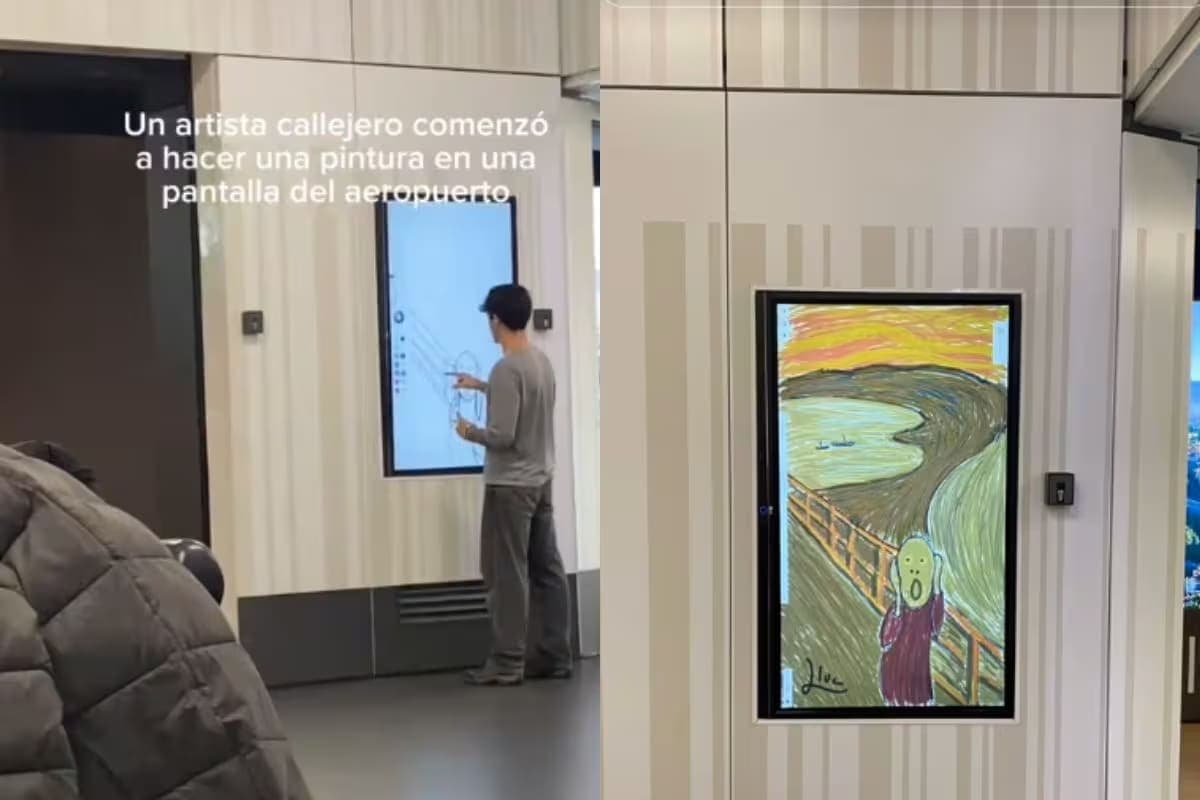 VIDEO: Artista callejero se pone a dibujar “El Grito” de Munch en la pantalla de un aeropuerto