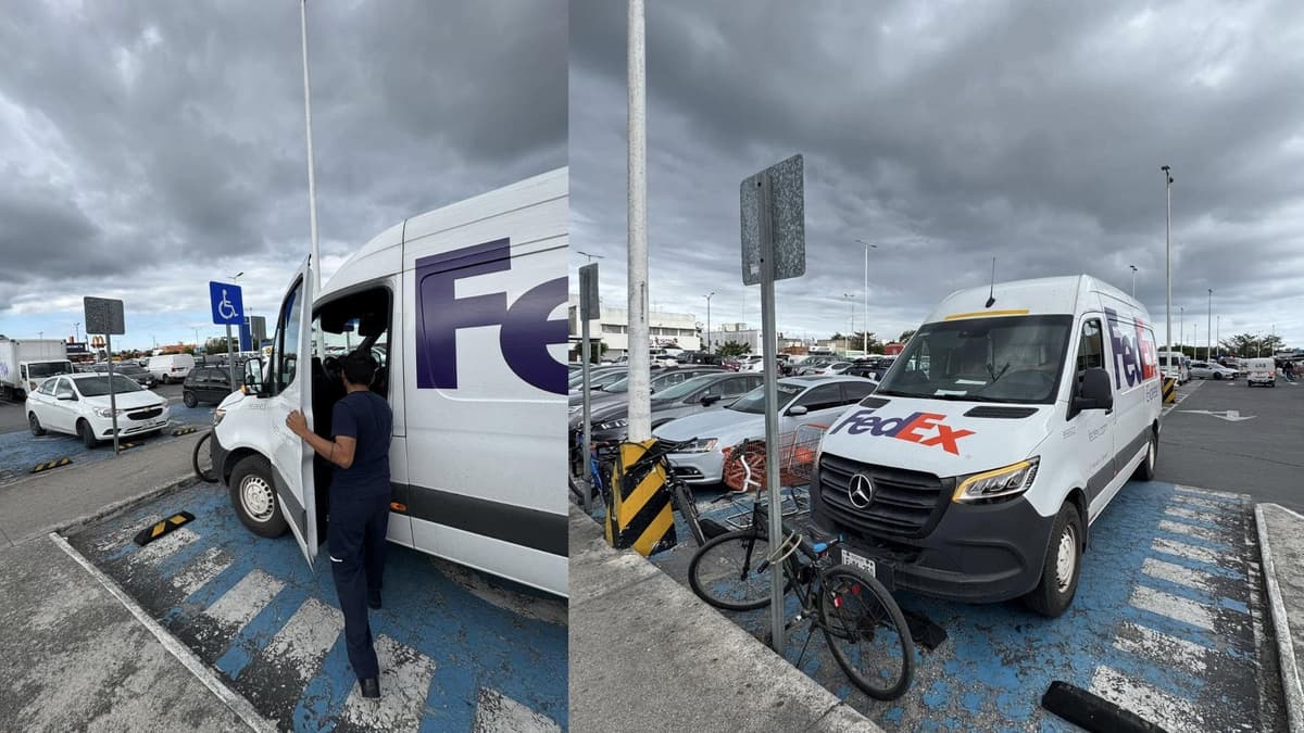 Conductor de FedEx invade lugar para discapacitados en Playa del Carmen; se portó prepotente con un niño y su padre