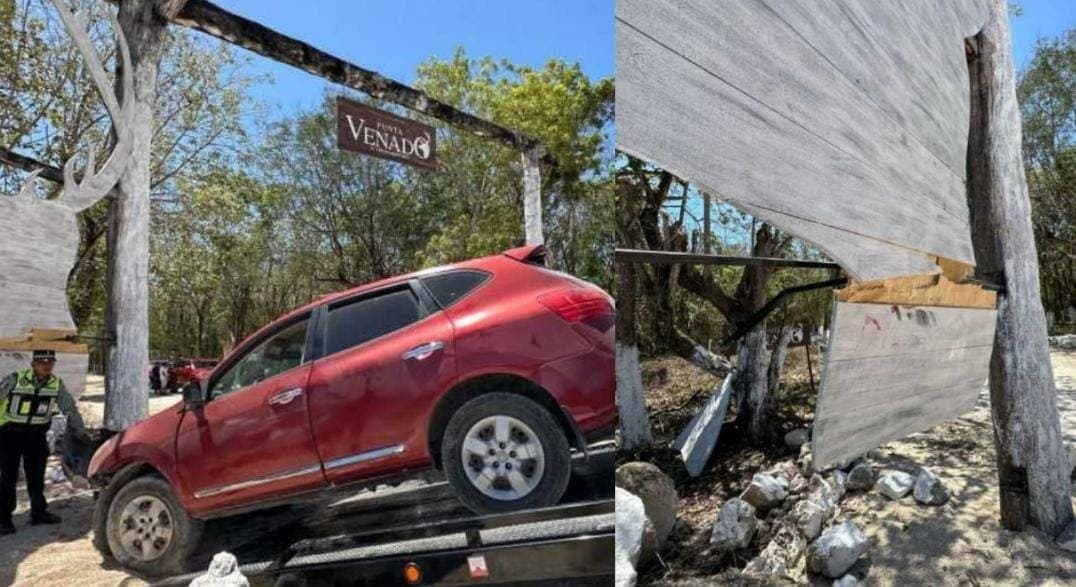 Conductora choca contra el letrero del club Punta Venado en el tramo Playa del Carmen-Tulum