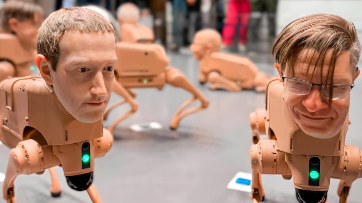 Perros robots con caras de magnates tecnológicos roban miradas en feria de arte en Miami, Estados Unidos