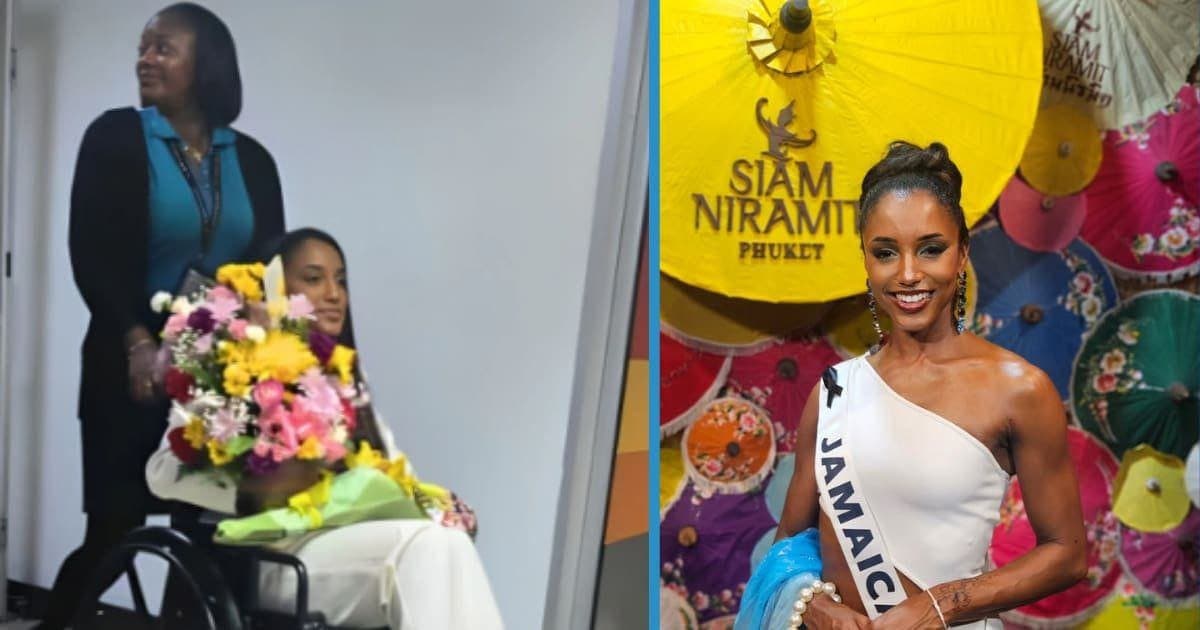 Miss Jamaica reaparece en silla de ruedas tras caída en Miss Universo 2025