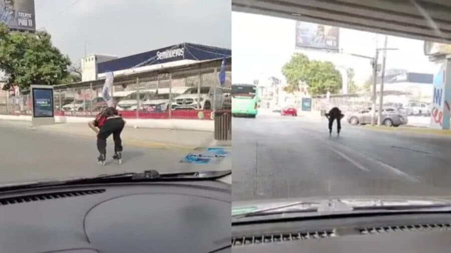 Video: Sujeto patina entre autos en plena avenida en Monterrey, Nuevo León